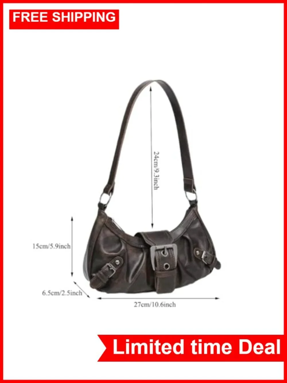 Y2K Faux Leather Hobo Bag, Punk Shoulder Purse with Metal Buckle